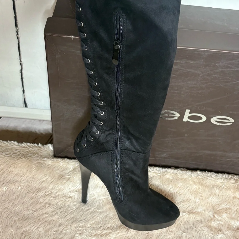 bebe Black Lace-Up Over-the-Knee Stiletto Boots